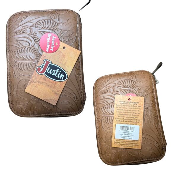 Justin Leather Jewelry Organizer Case Tooled Western Brown Travel Zip Pouch - Picture 6 of 6